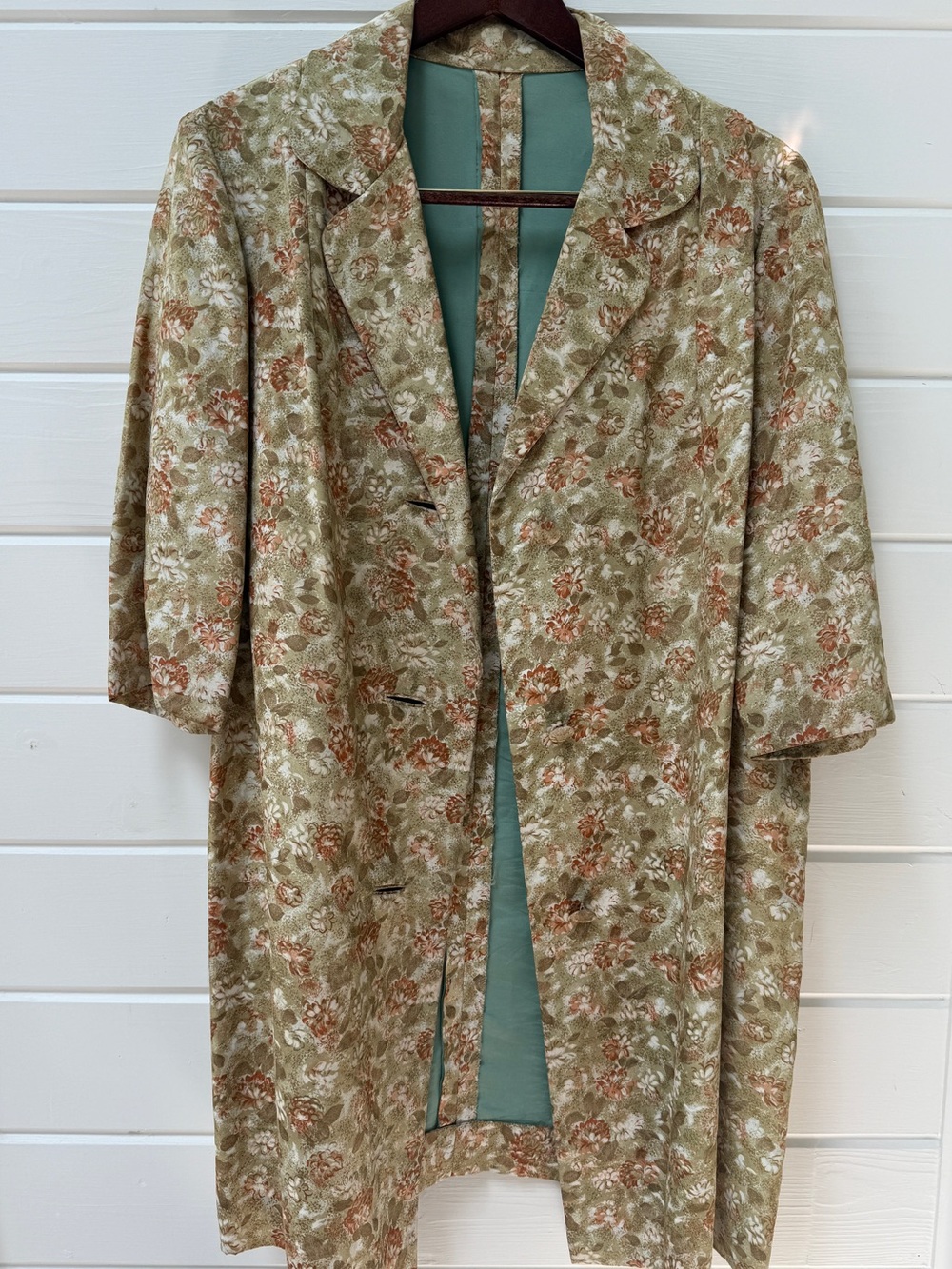 Vintage Retro Floral Terracotta + Olive House Coat with Mid Century Mint Lining